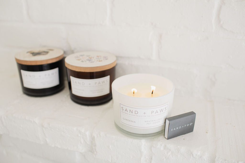 Premium Cozy Sand + Paws Gardenia 12 oz scented candle
